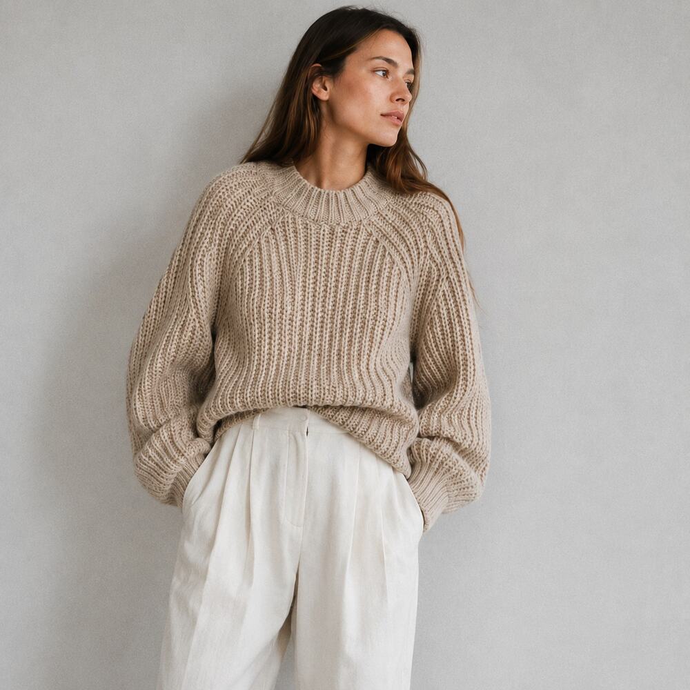 DÔEN Lulu Baby Alpaca Sweater Womens M Beige Long Sleeve Mock Neck